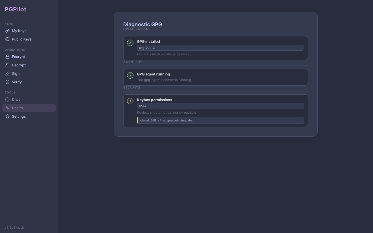 Health check view — Catppuccin theme