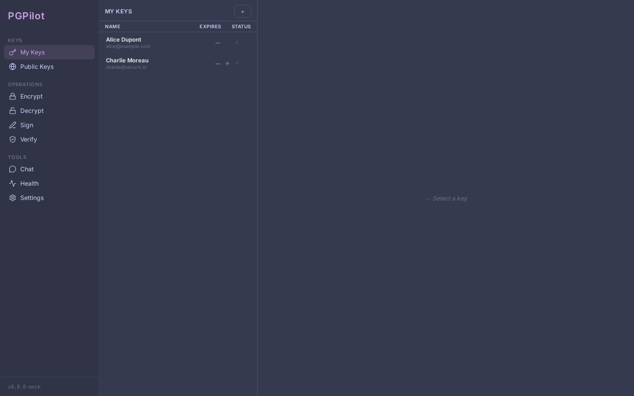 pgpilot My Keys view — Catppuccin theme